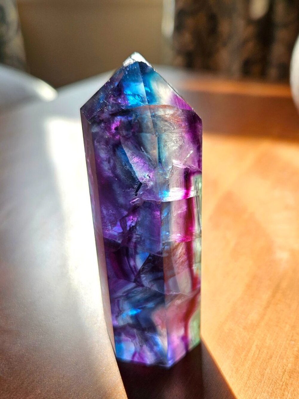 3" Natural Blue Rainbow Fluorite Crystal Tower Point